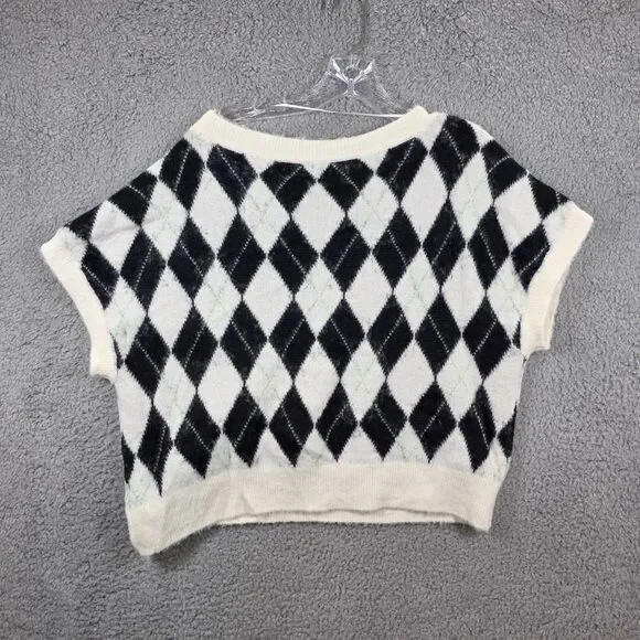 Free People Sweater Women's Through the Motions Cropped Argyle Plaid Vest SIze M - Picture 4 of 9